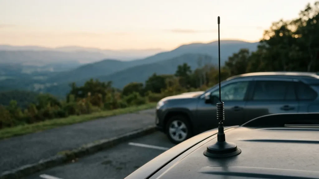 Photo: a magnetic-mount black whip antenna on the roof of an SUV parked at a scenic overlook. Photorealistic, no logos, no brand names, no readable text, no identifiable faces