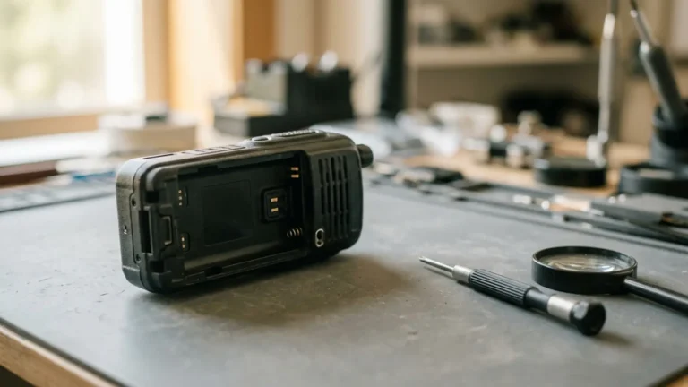 Photo: close view of the back of a handheld two-way radio with its battery removed, lying on a gray workbench mat beside a small screwdriver and a magnifying glass