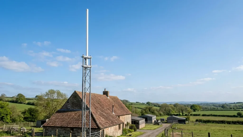 Photo: a white fiberglass base station antenna mounted on a metal mast above a rural farmhouse roof against a blue sky. Photorealistic, no logos, no brand names, no readable text, no identifiable faces