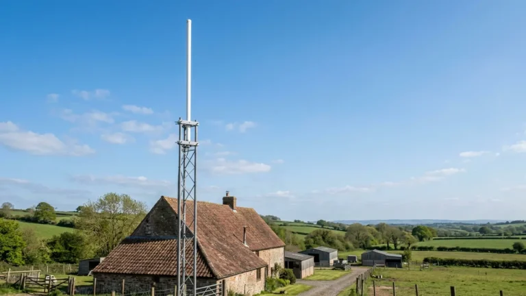 Photo: a white fiberglass base station antenna mounted on a metal mast above a rural farmhouse roof against a blue sky. Photorealistic, no logos, no brand names, no readable text, no identifiable faces