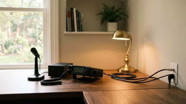 Photo: a tidy home radio desk with a mobile two-way radio whose display is switched off and dark, a compact black desktop power supply with no markings and a desk microphone, coaxial cable running to the wall, warm lamp light