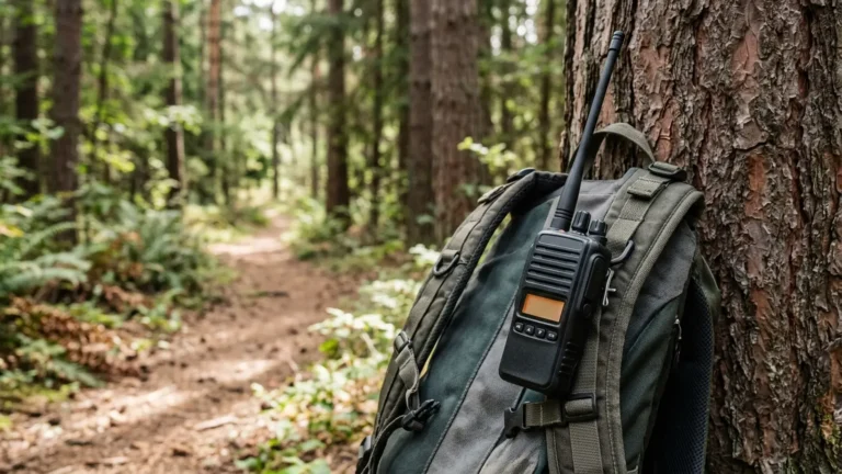 Photo: a black GMRS handheld radio with a long antenna clipped to the strap of a hiking backpack resting against a pine tree, forest trail in the background, no people