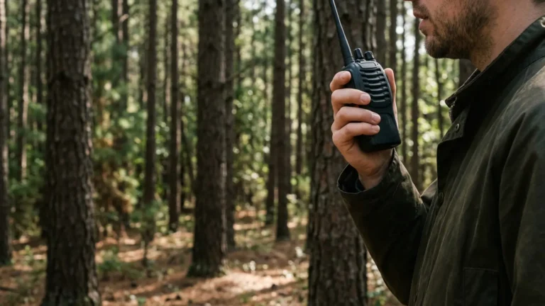 Photo: a person holding a plain black handheld radio near their mouth outdoors in a pine forest, face not visible, speaking. Photorealistic, no logos, no brand names, no readable text, no identifiable faces