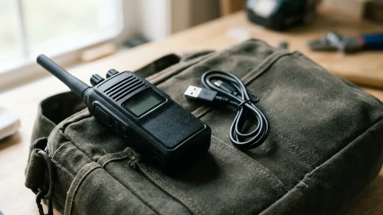 Photo: a black GMRS handheld two-way radio with a stubby antenna and a dark blank screen lying on a canvas tool bag beside a coiled charging cable, close-up, natural light
