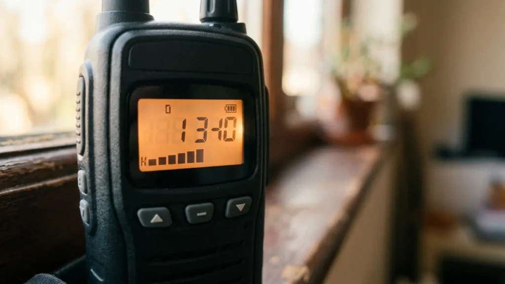 Photo: close-up of a plain unbranded handheld radio display area with abstract glowing segments and no readable numbers, shallow depth of field. Photorealistic, no logos, no brand names, no readable text, no identifiable faces