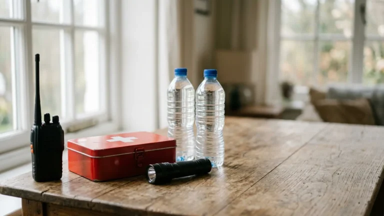Photo: an emergency kit on a table: flashlight, first aid box, water bottles and a plain handheld two-way radio, soft window light. Photorealistic, no logos, no brand names, no readable text, no identifiable faces