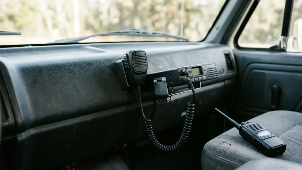 Photo: a plain unbranded compact mobile radio with a coiled hand microphone mounted under a truck dashboard next to a handheld radio on the seat. Photorealistic, no logos, no brand names, no readable text, no identifiable faces