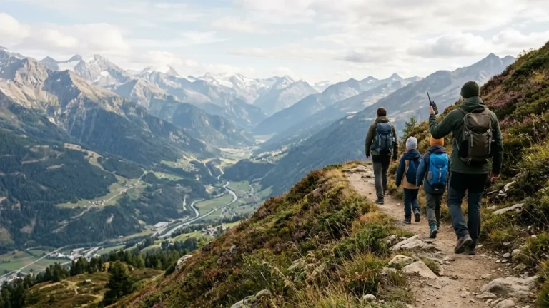 Photo: a family hiking on a mountain trail with wide valley views, one person holding a plain handheld radio, faces not visible. Photorealistic, no logos, no brand names, no readable text, no identifiable faces