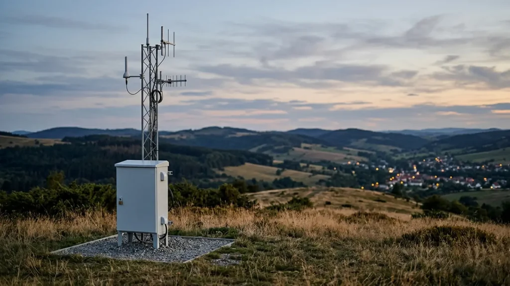 Photo: a small weatherproof equipment cabinet on a hilltop with an antenna mast above it, rolling hills and a distant small town at dusk