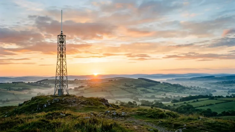 Photo: a lattice radio tower with a white vertical antenna on a hilltop at sunrise, rolling hills below. Photorealistic, no logos, no brand names, no readable text, no identifiable faces