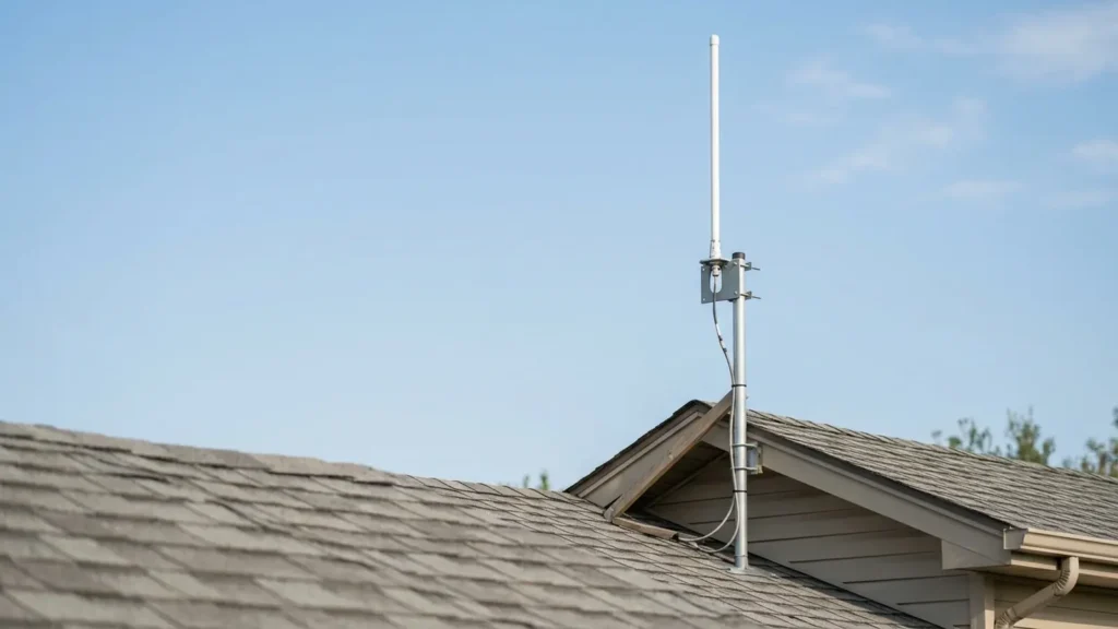 Photo: a tall white fiberglass base antenna mounted on a metal mast above a house roof ridge against a clear blue sky, roof shingles in the foreground