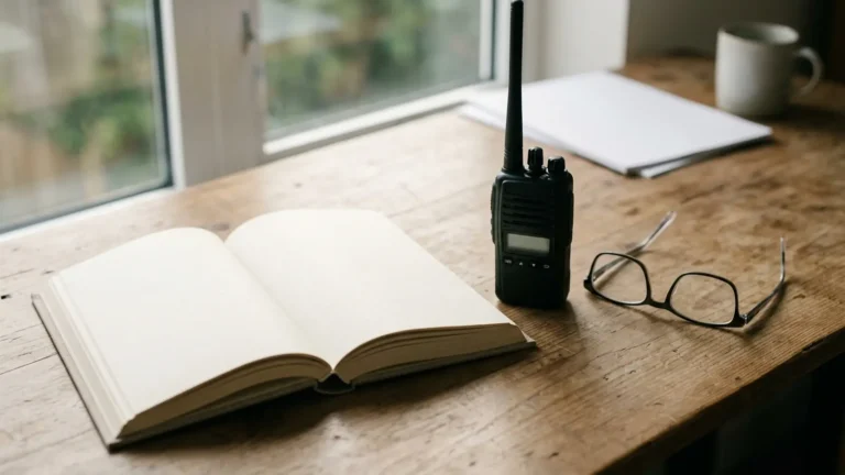 Photo: an open generic rule book with blank pages beside a plain handheld radio and reading glasses on a desk. Photorealistic, no logos, no brand names, no readable text, no identifiable faces