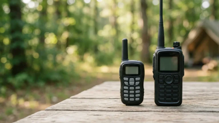 Photo: a small FRS walkie-talkie with a short fixed antenna next to a larger GMRS handheld radio with a longer antenna, both clean and new, on a wooden camp table outdoors; both screens dark and blank, keypads with plain unmarked rubber buttons