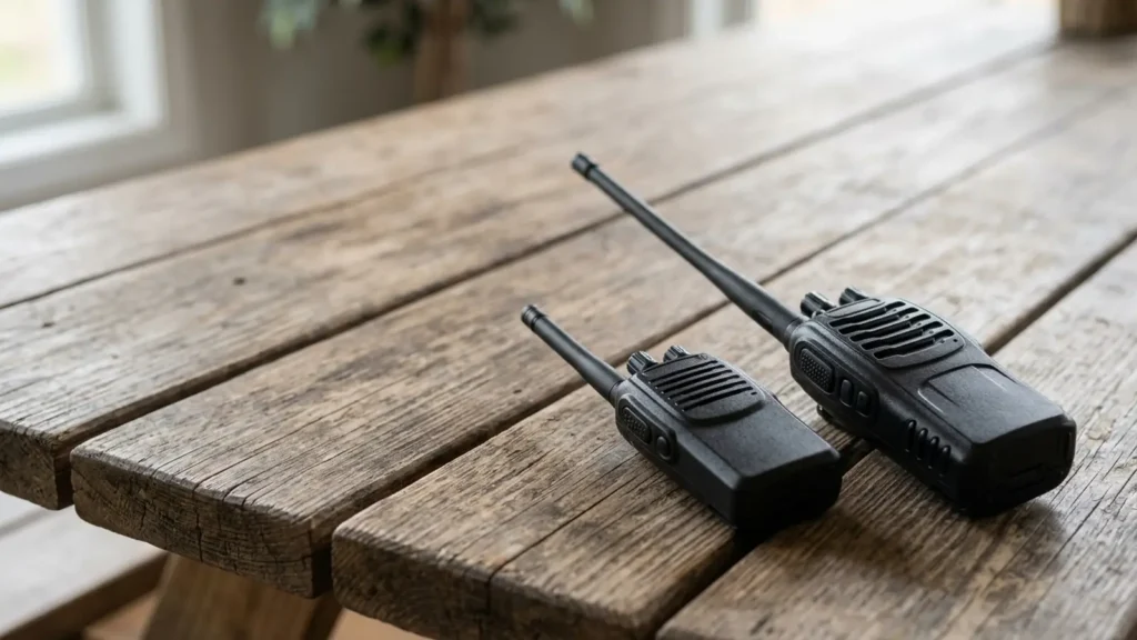 Photo: two plain unbranded handheld two-way radios side by side on a wooden picnic table, one small compact and one larger with a longer antenna. Photorealistic, no logos, no brand names, no readable text, no identifiable faces