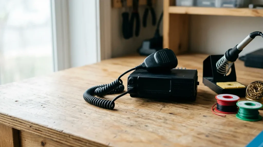 Photo: a compact mobile two-way radio unit with a coiled microphone cord on a workbench next to a soldering iron stand and spools of wire, blank front panel