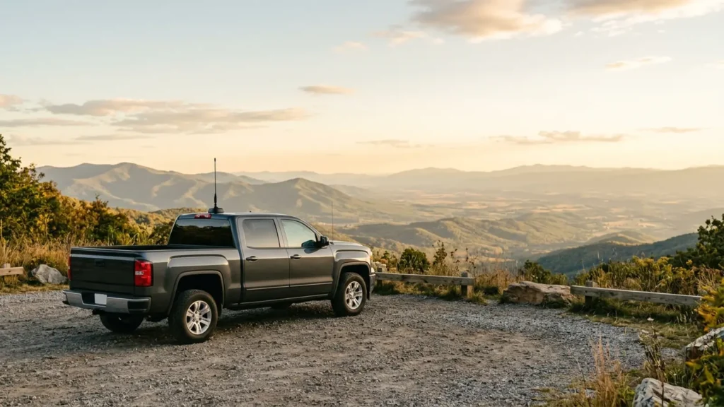 Photo: a clean pickup truck parked at a gravel mountain overlook at golden hour with a short black whip antenna on a magnetic mount on the cab roof clearly visible, wide valley and ridgelines behind, natural uncluttered scene