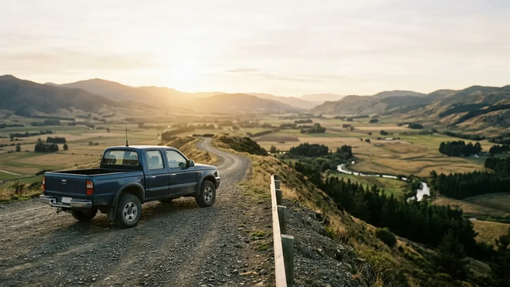 Photo: a pickup truck parked on a ridge road at golden hour with a short black antenna on the roof, wide open rural valley below. Photorealistic, no logos, no brand names, no readable text, no identifiable faces