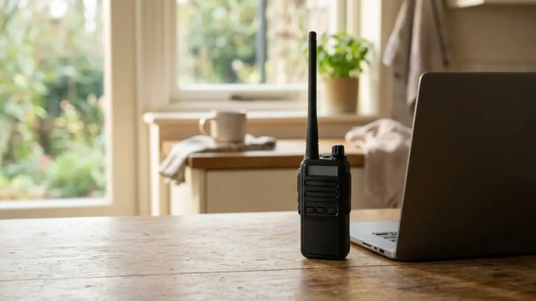 Photo: a laptop on a kitchen table with its screen turned away from the camera, a black GMRS handheld radio standing beside it with its antenna up, morning light