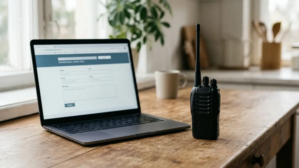 Photo: a laptop on a kitchen table showing a generic online form with no readable text, a plain black handheld two-way radio beside it. Photorealistic, no logos, no brand names, no readable text, no identifiable faces