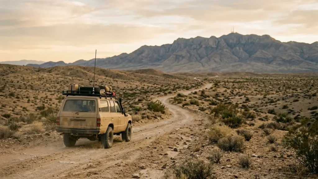 Photo: an off-road vehicle on a dirt track in the desert with a roof antenna, distant mountain with a small radio tower on top. Photorealistic, no logos, no brand names, no readable text, no identifiable faces