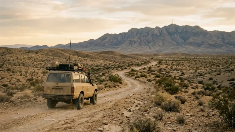 Photo: an off-road vehicle on a dirt track in the desert with a roof antenna, distant mountain with a small radio tower on top. Photorealistic, no logos, no brand names, no readable text, no identifiable faces