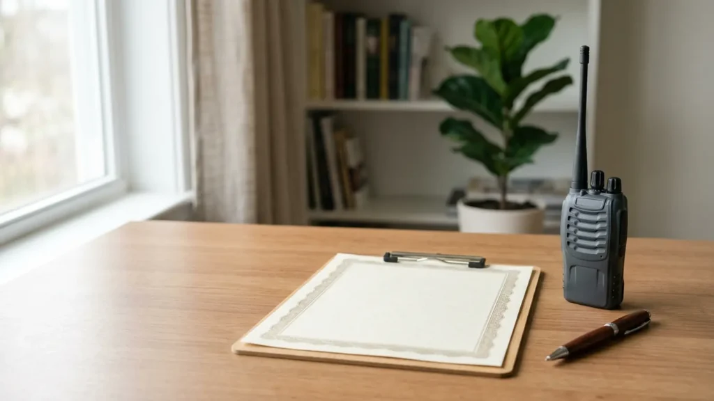 Photo: a neat desk with a generic printed certificate with no readable text, a pen and a plain handheld radio. Photorealistic, no logos, no brand names, no readable text, no identifiable faces
