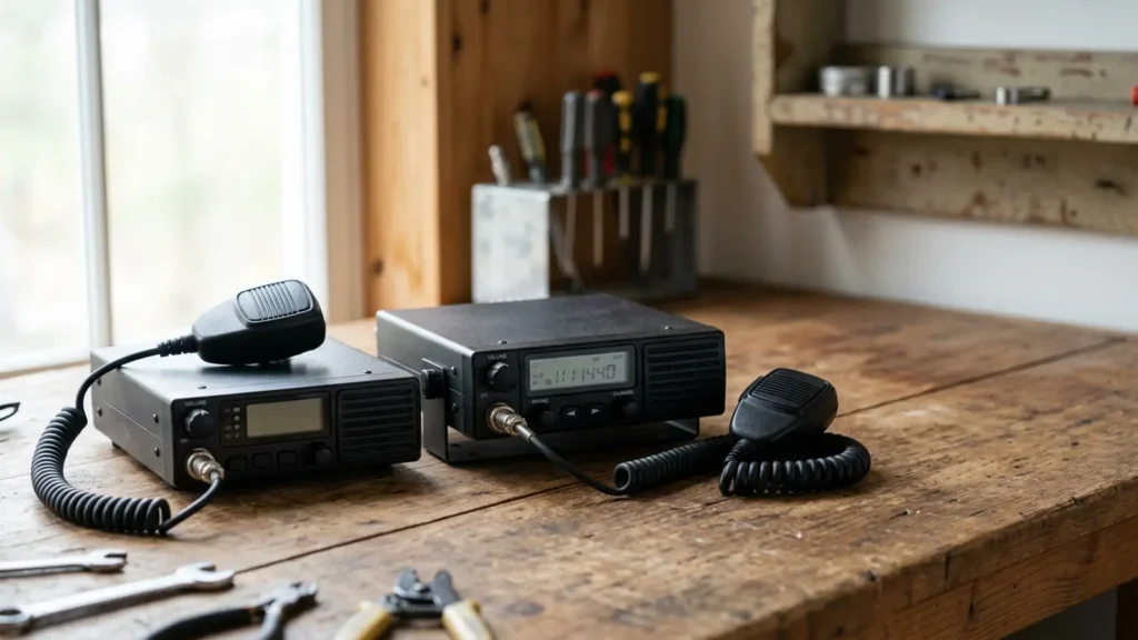 Photo: two plain unbranded small black vehicle radios of slightly different sizes side by side on a workbench with coiled microphones, no logos. Photorealistic, no logos, no brand names, no readable text, no identifiable faces