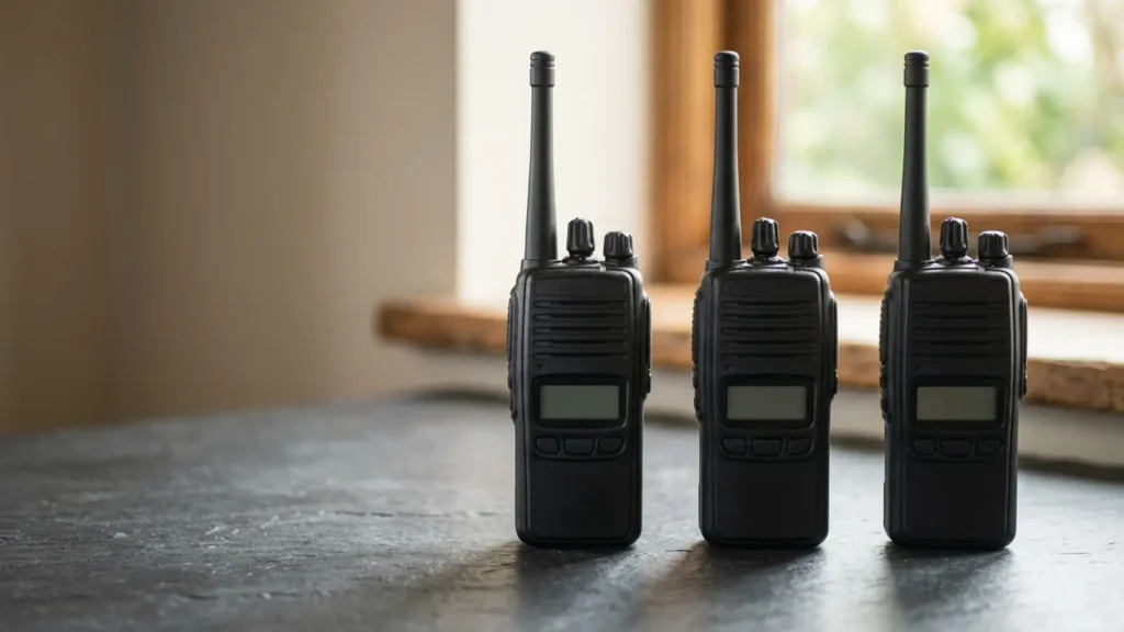 Photo: three plain unbranded handheld two-way radios standing upright in a row on a slate surface. Photorealistic, no logos, no brand names, no readable text, no identifiable faces