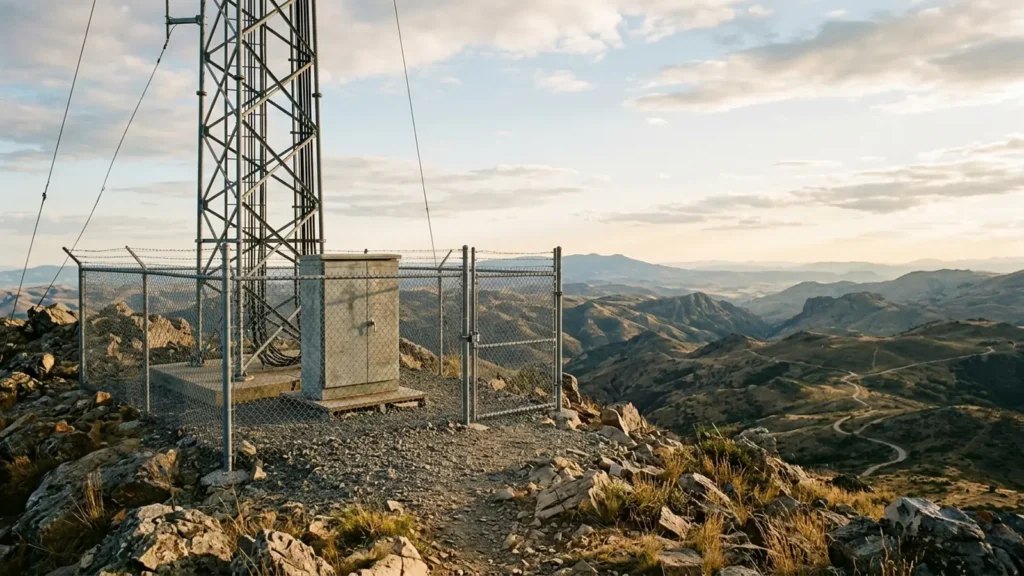 Photo: a small equipment cabinet beside a radio tower base on a rocky hilltop with a fence, late afternoon light. Photorealistic, no logos, no brand names, no readable text, no identifiable faces